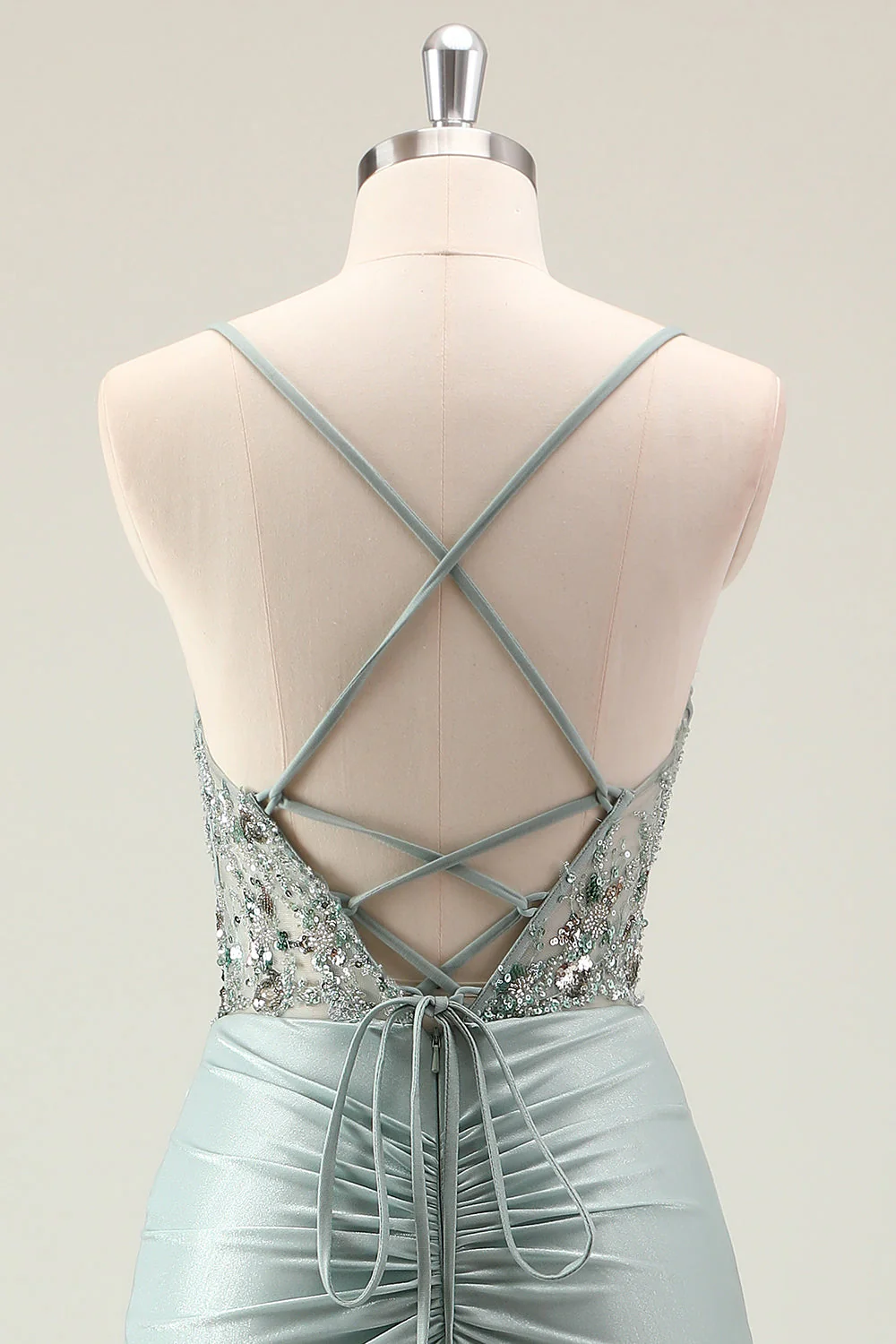 Sparkly Dusty Green Mermaid Sequins Spaghetti Straps Long Prom Dress with Slit - Image 5