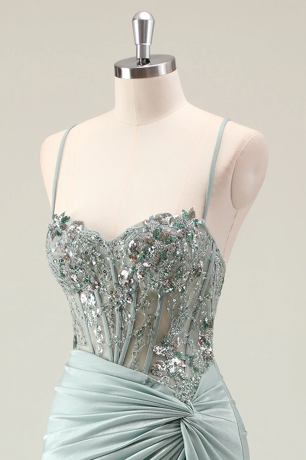 Sparkly Dusty Green Mermaid Sequins Spaghetti Straps Long Prom Dress with Slit - Image 6