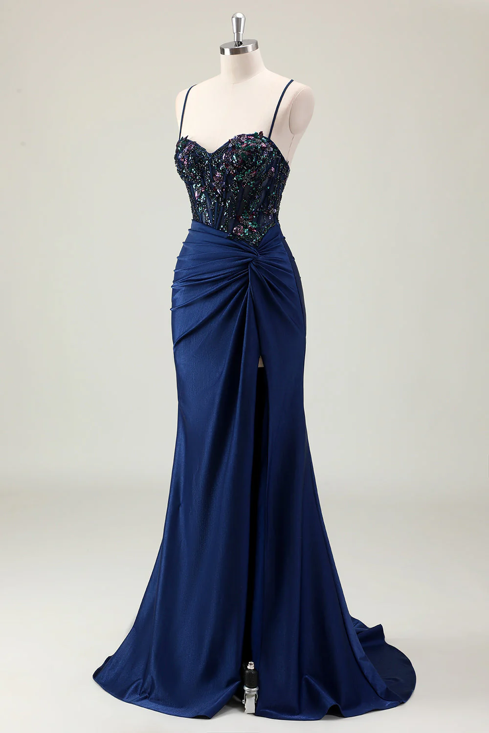 Sparkly Dusty Green Mermaid Sequins Spaghetti Straps Long Prom Dress with Slit - Image 9