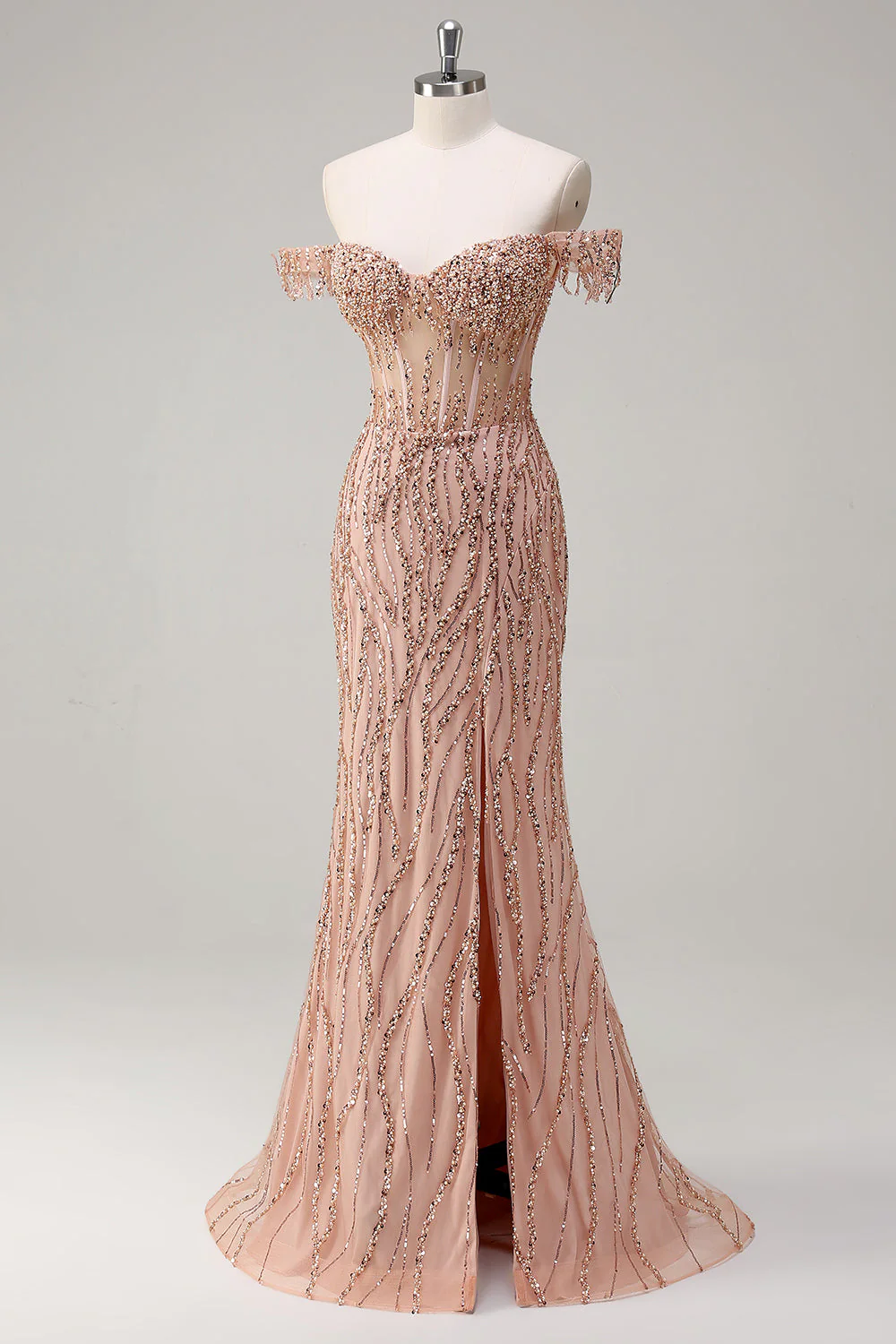 Sparkly Dusty Rose Mermaid Off the Shoulder Long Prom Dress with Slit - Image 3