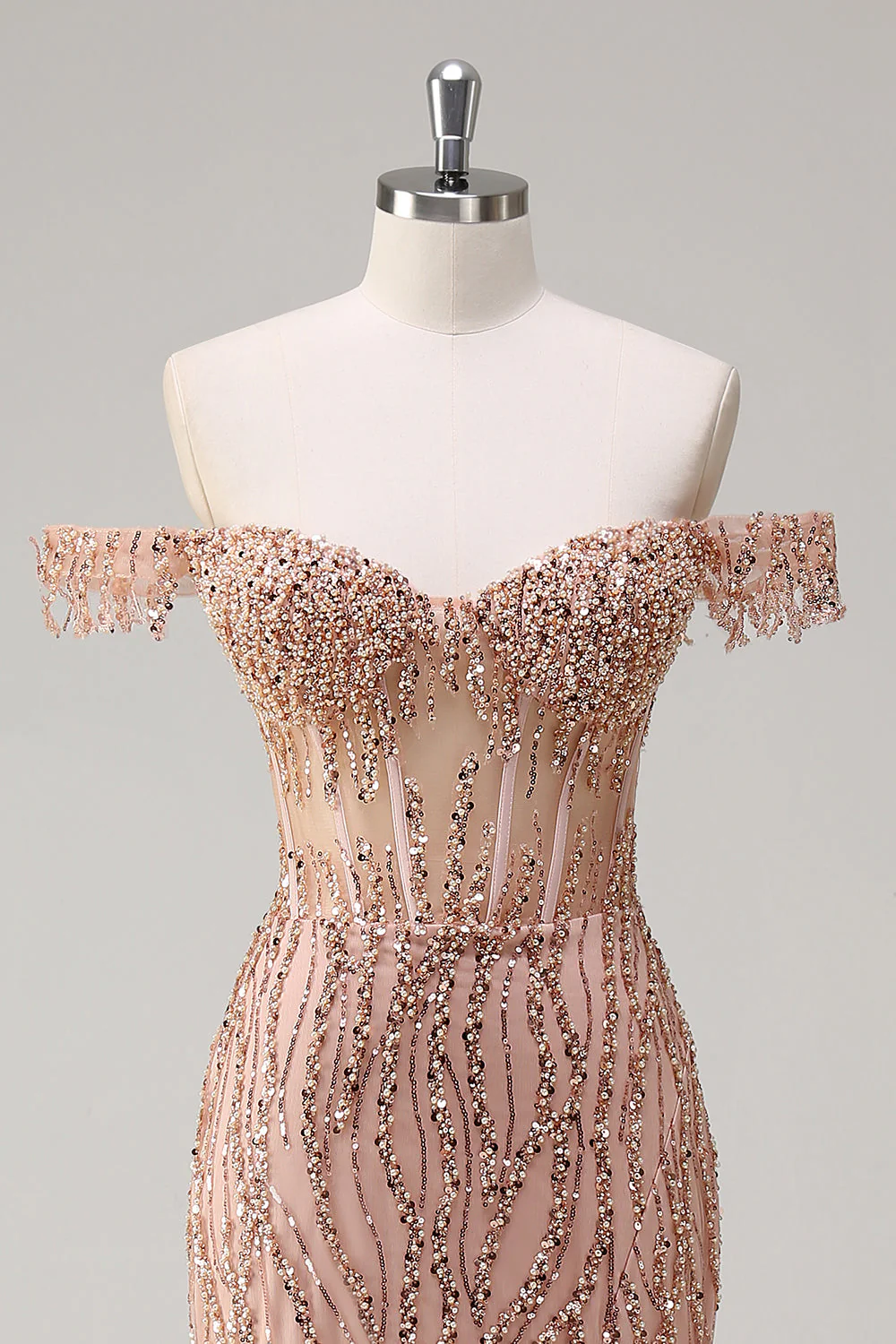 Sparkly Dusty Rose Mermaid Off the Shoulder Long Prom Dress with Slit - Image 4