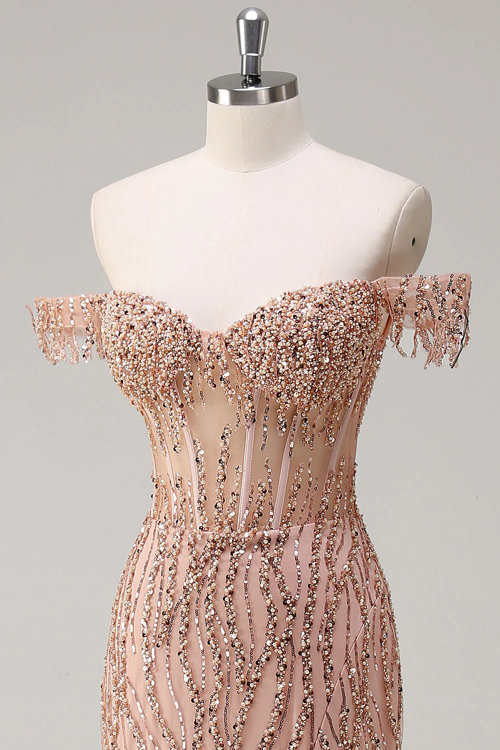 Sparkly Dusty Rose Mermaid Off the Shoulder Long Prom Dress with Slit - Image 6