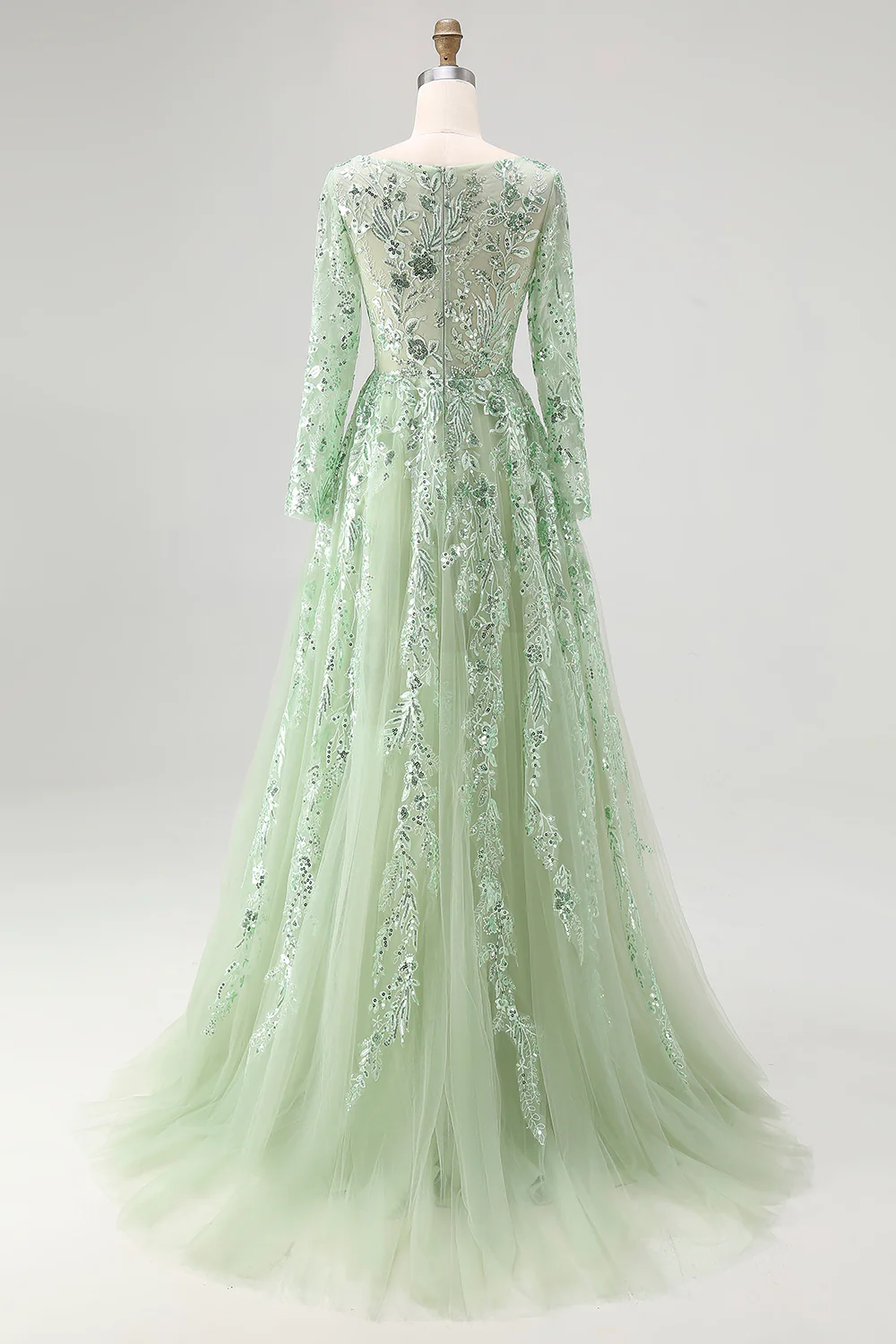 Sparkly Dusty Sage Applique V Neck Tulle Prom Dress with Long Sleeves - Image 2