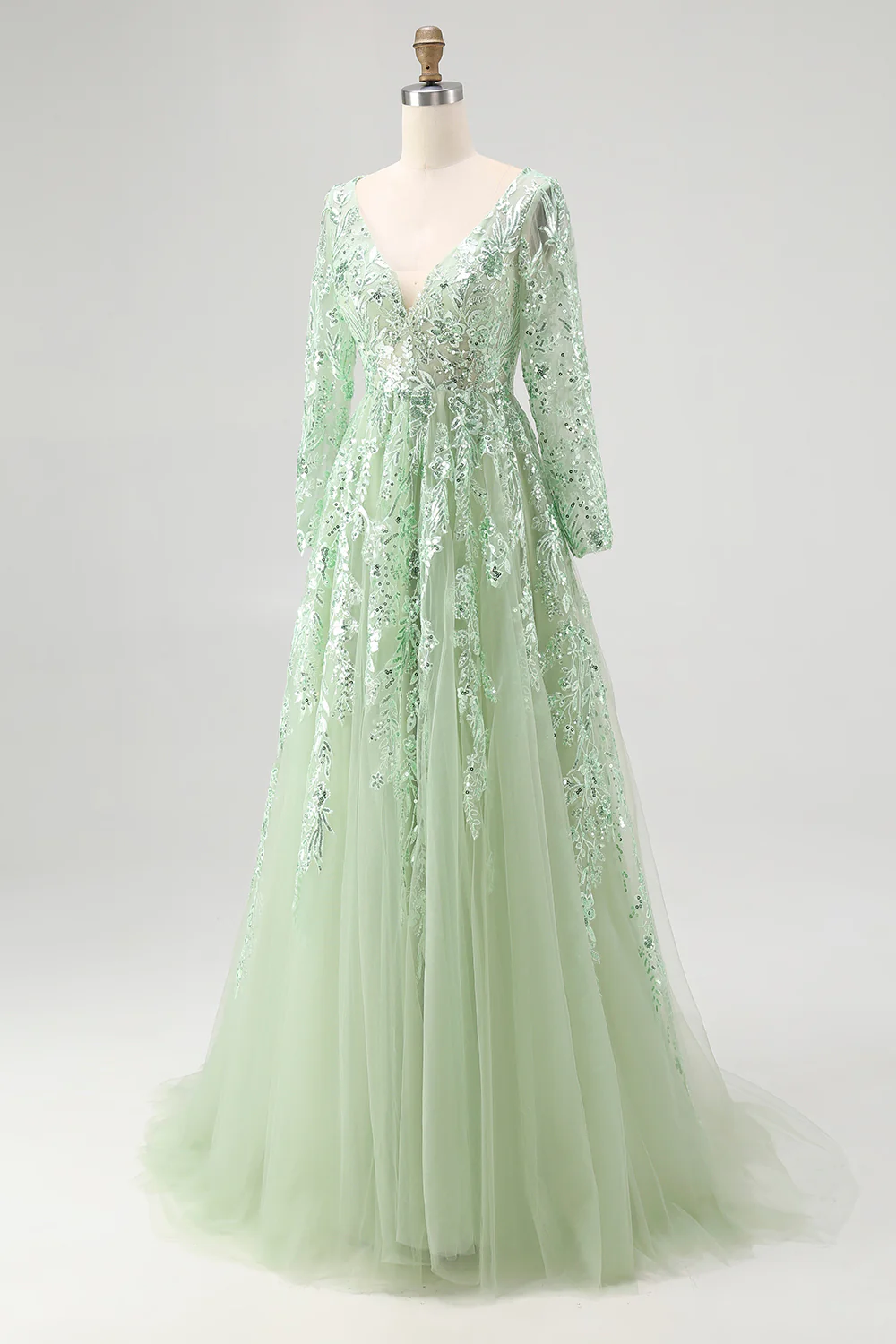 Sparkly Dusty Sage Applique V Neck Tulle Prom Dress with Long Sleeves - Image 3