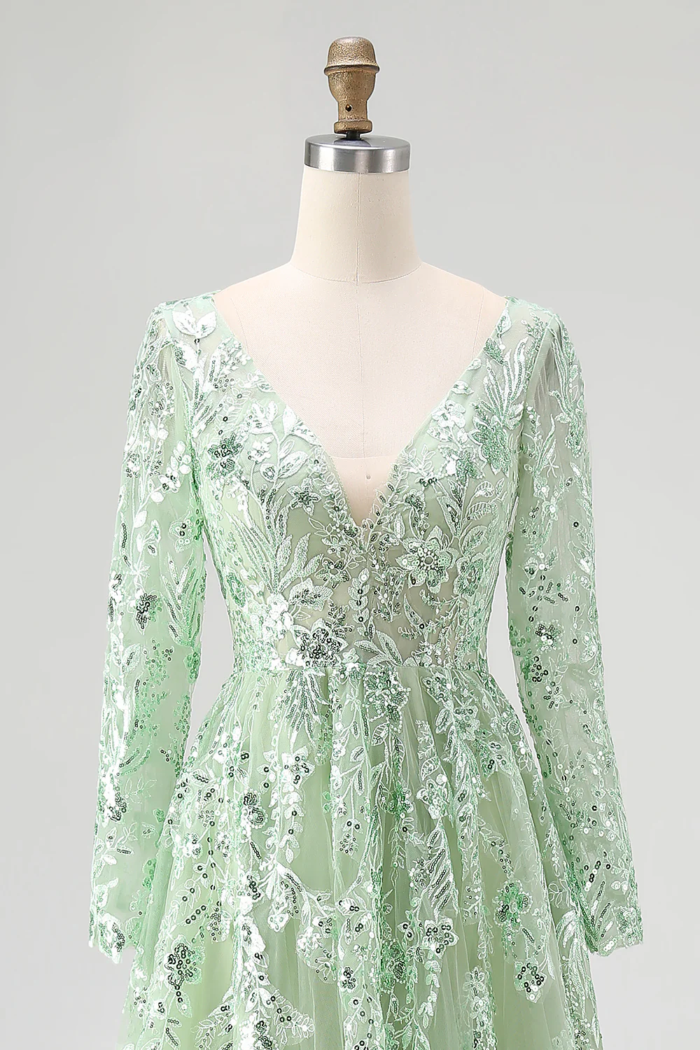 Sparkly Dusty Sage Applique V Neck Tulle Prom Dress with Long Sleeves - Image 4