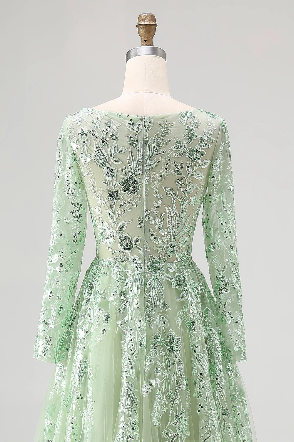 Sparkly Dusty Sage Applique V Neck Tulle Prom Dress with Long Sleeves - Image 5