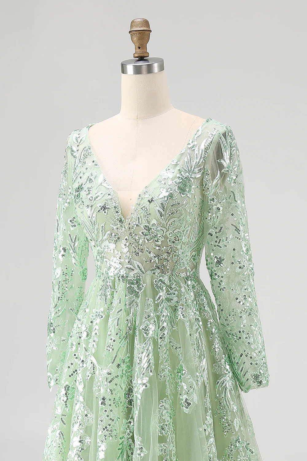 Sparkly Dusty Sage Applique V Neck Tulle Prom Dress with Long Sleeves - Image 6