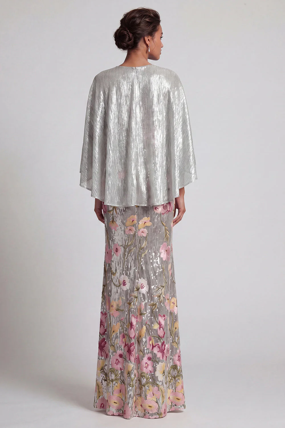 Sparkly Silver Sequin Mermaid Long Mother Of the Bride Dress with Cape - Image 2