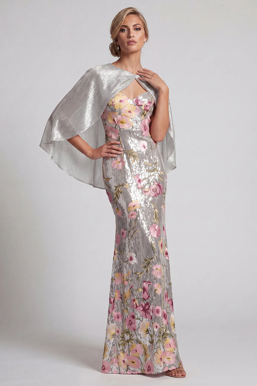 Sparkly Silver Sequin Mermaid Long Mother Of the Bride Dress with Cape - Image 3