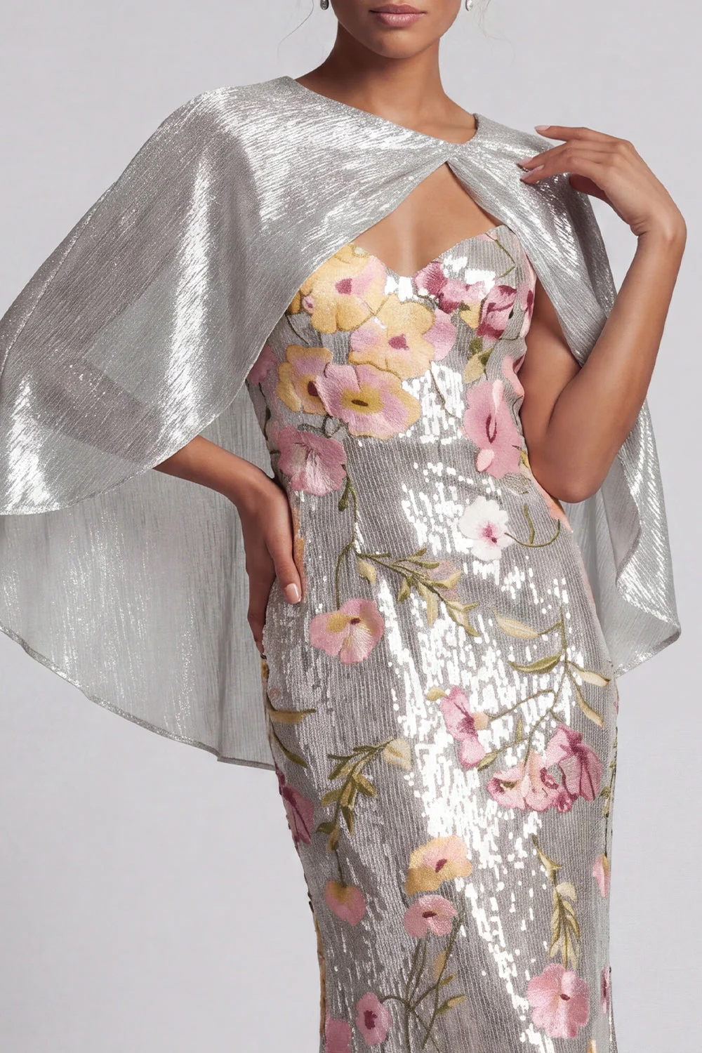 Sparkly Silver Sequin Mermaid Long Mother Of the Bride Dress with Cape - Image 4