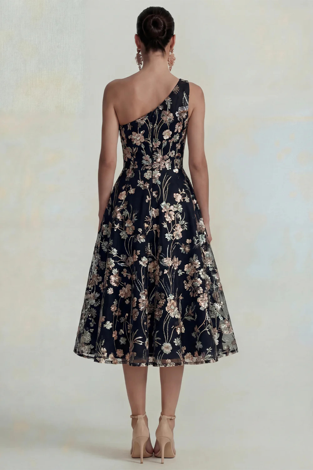 One Shoulder Pink Flower A Line Appliqued Midi Dress - Image 10