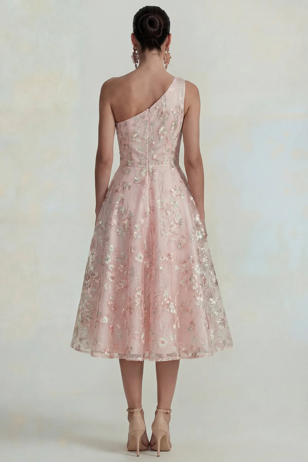 One Shoulder Pink Flower A Line Appliqued Midi Dress - Image 2