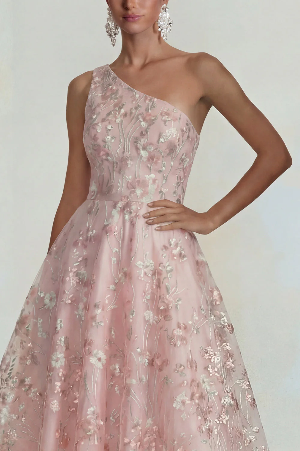 One Shoulder Pink Flower A Line Appliqued Midi Dress - Image 3