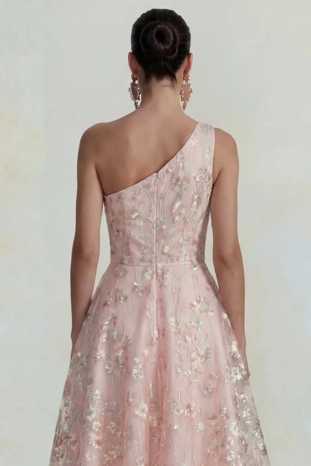One Shoulder Pink Flower A Line Appliqued Midi Dress - Image 4