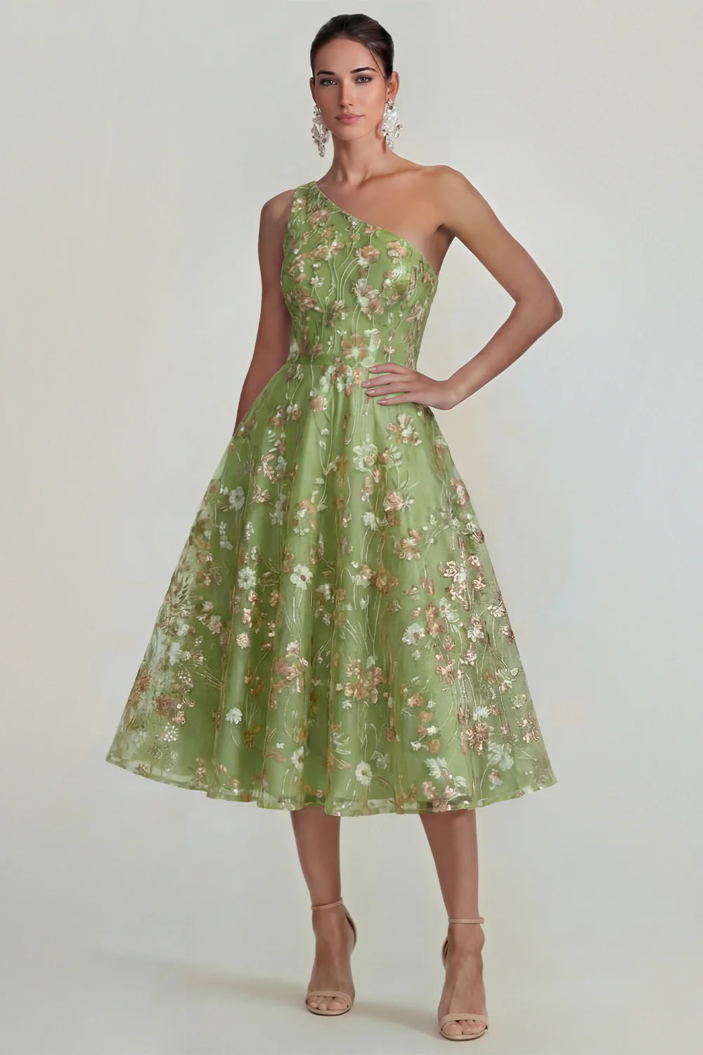 One Shoulder Pink Flower A Line Appliqued Midi Dress - Image 5
