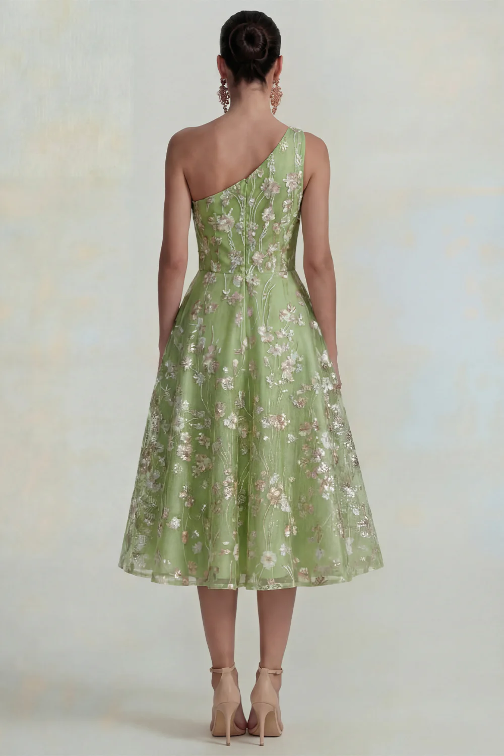 One Shoulder Pink Flower A Line Appliqued Midi Dress - Image 6