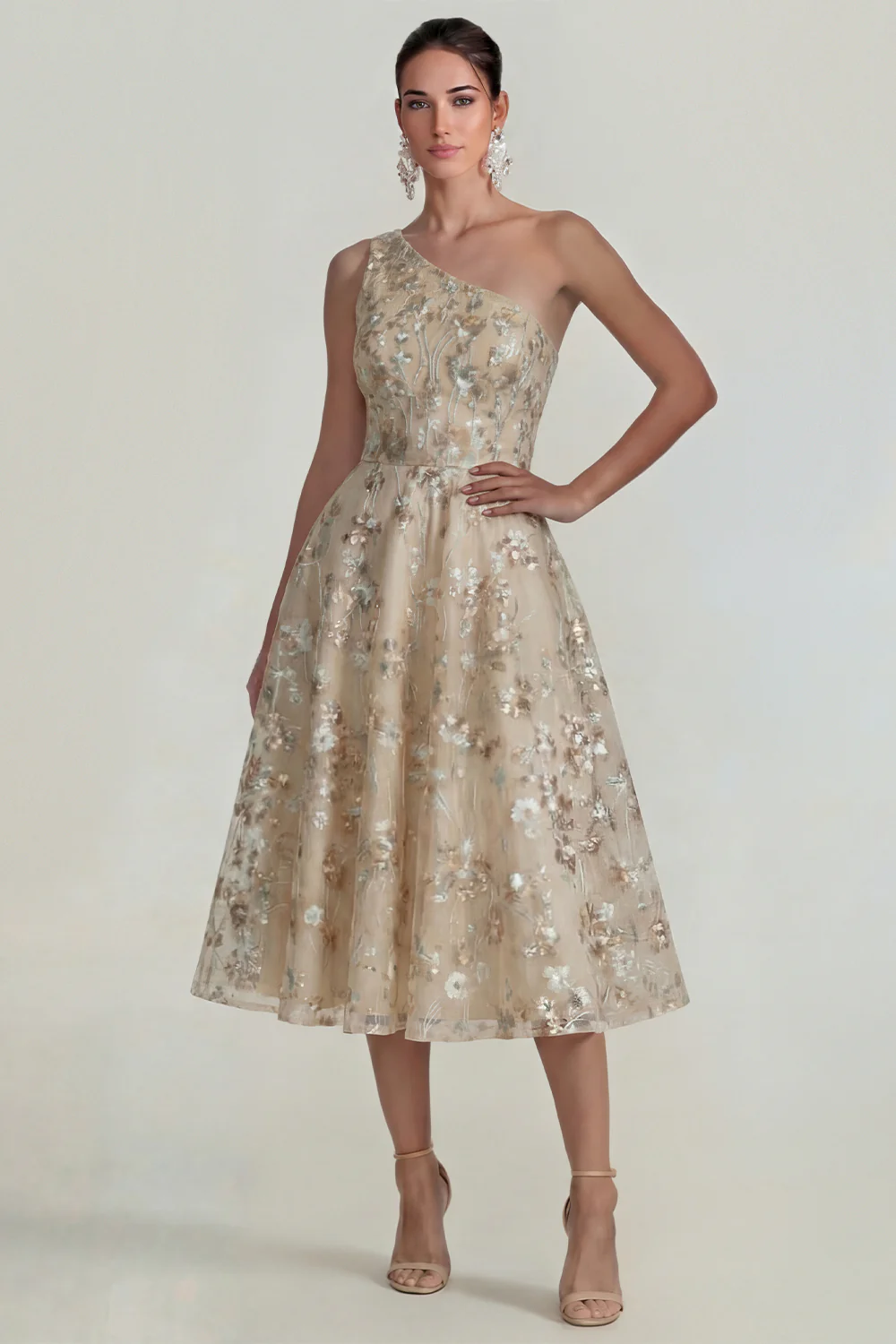 One Shoulder Pink Flower A Line Appliqued Midi Dress - Image 7