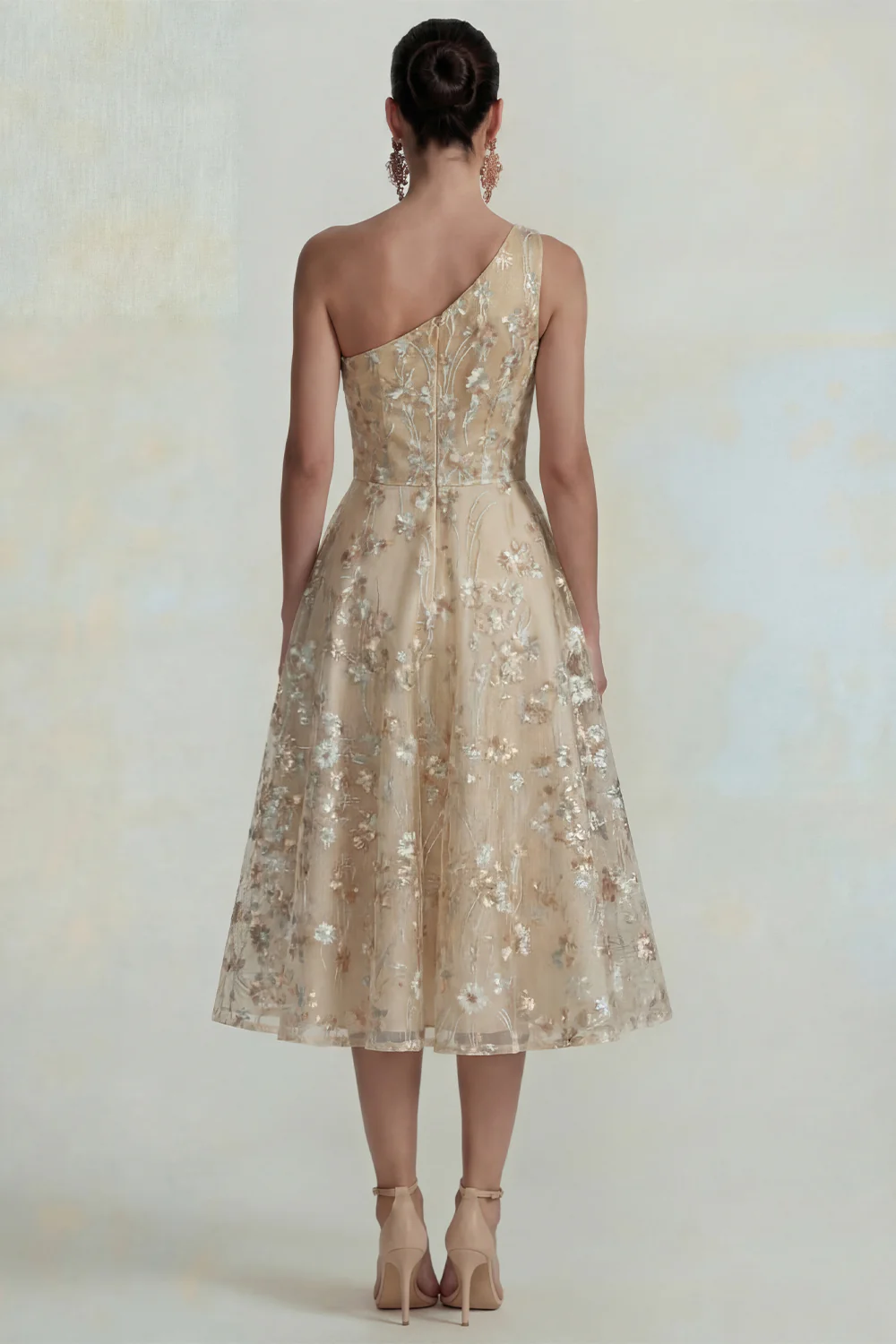 One Shoulder Pink Flower A Line Appliqued Midi Dress - Image 8