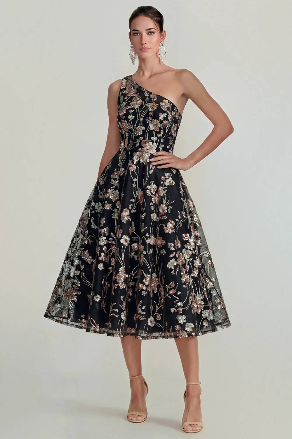 One Shoulder Pink Flower A Line Appliqued Midi Dress - Image 9
