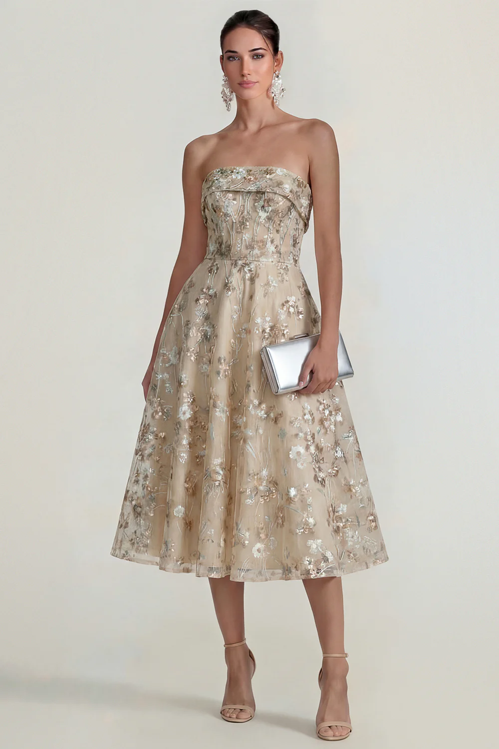 Strapless Pink Flower A Line Midi Dress - Image 10