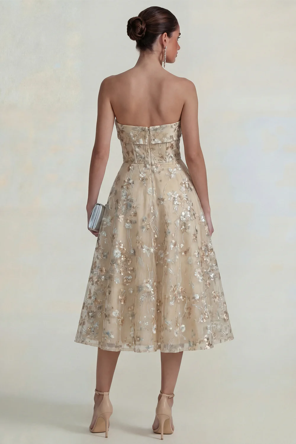 Strapless Pink Flower A Line Midi Dress - Image 11