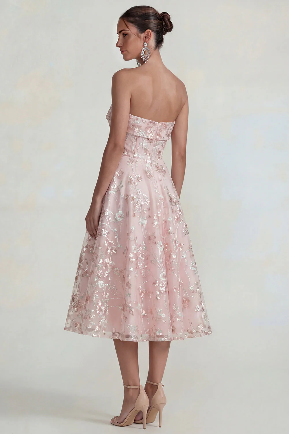 Strapless Pink Flower A Line Midi Dress - Image 2