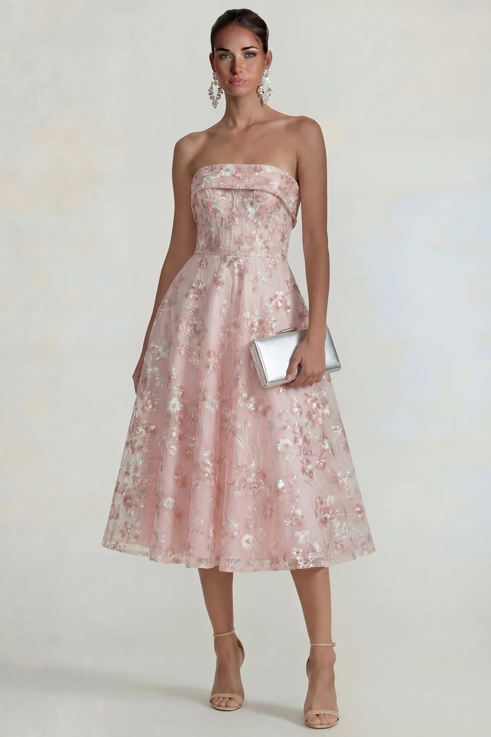 Strapless Pink Flower A Line Midi Dress - Image 3