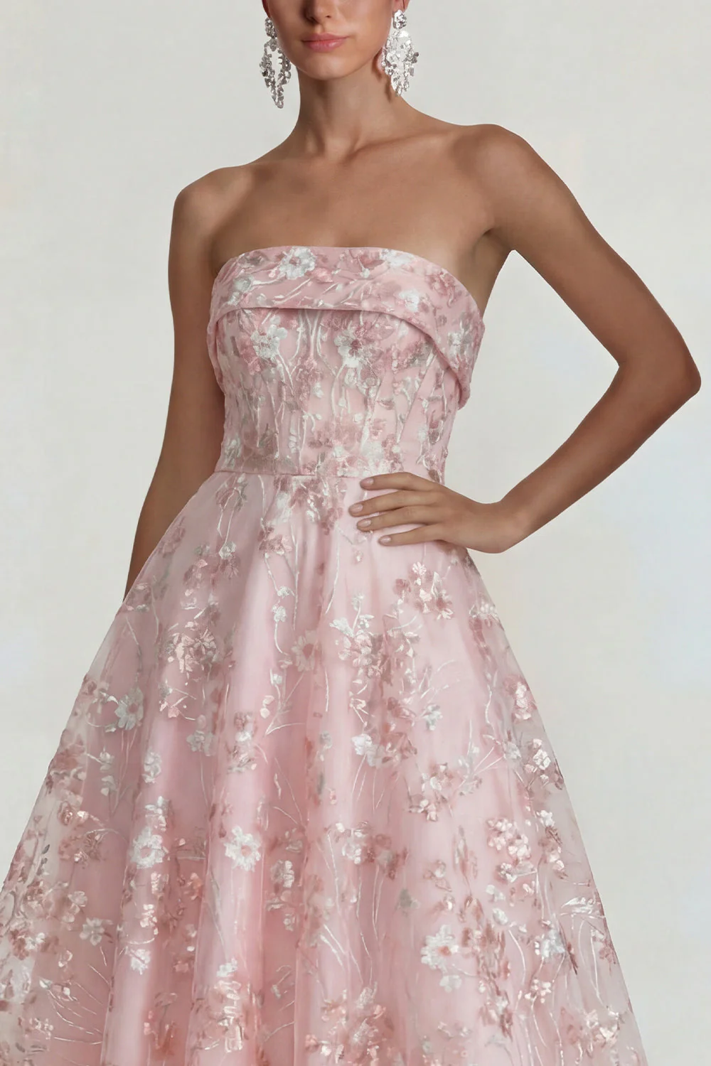 Strapless Pink Flower A Line Midi Dress - Image 4