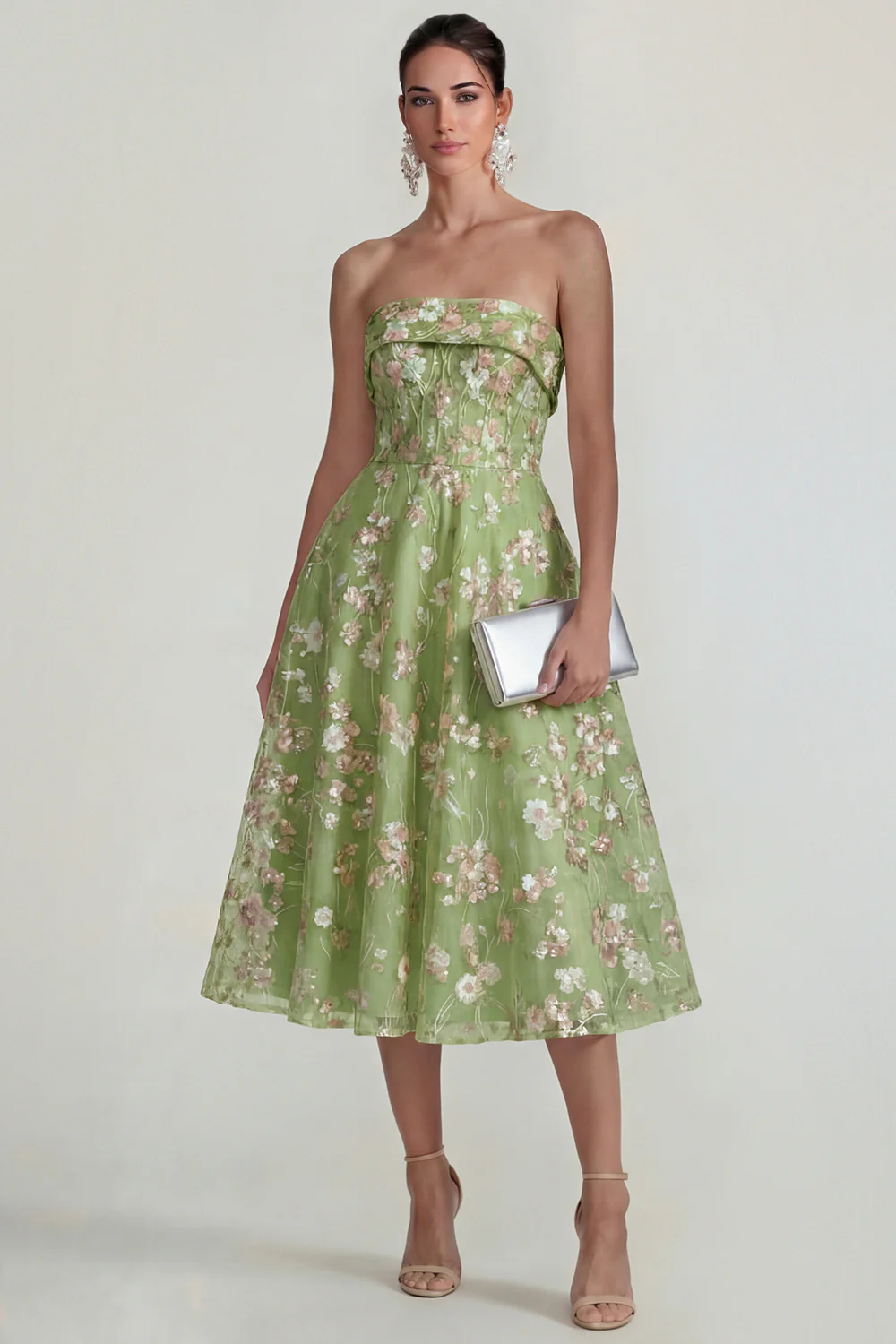 Strapless Pink Flower A Line Midi Dress - Image 6