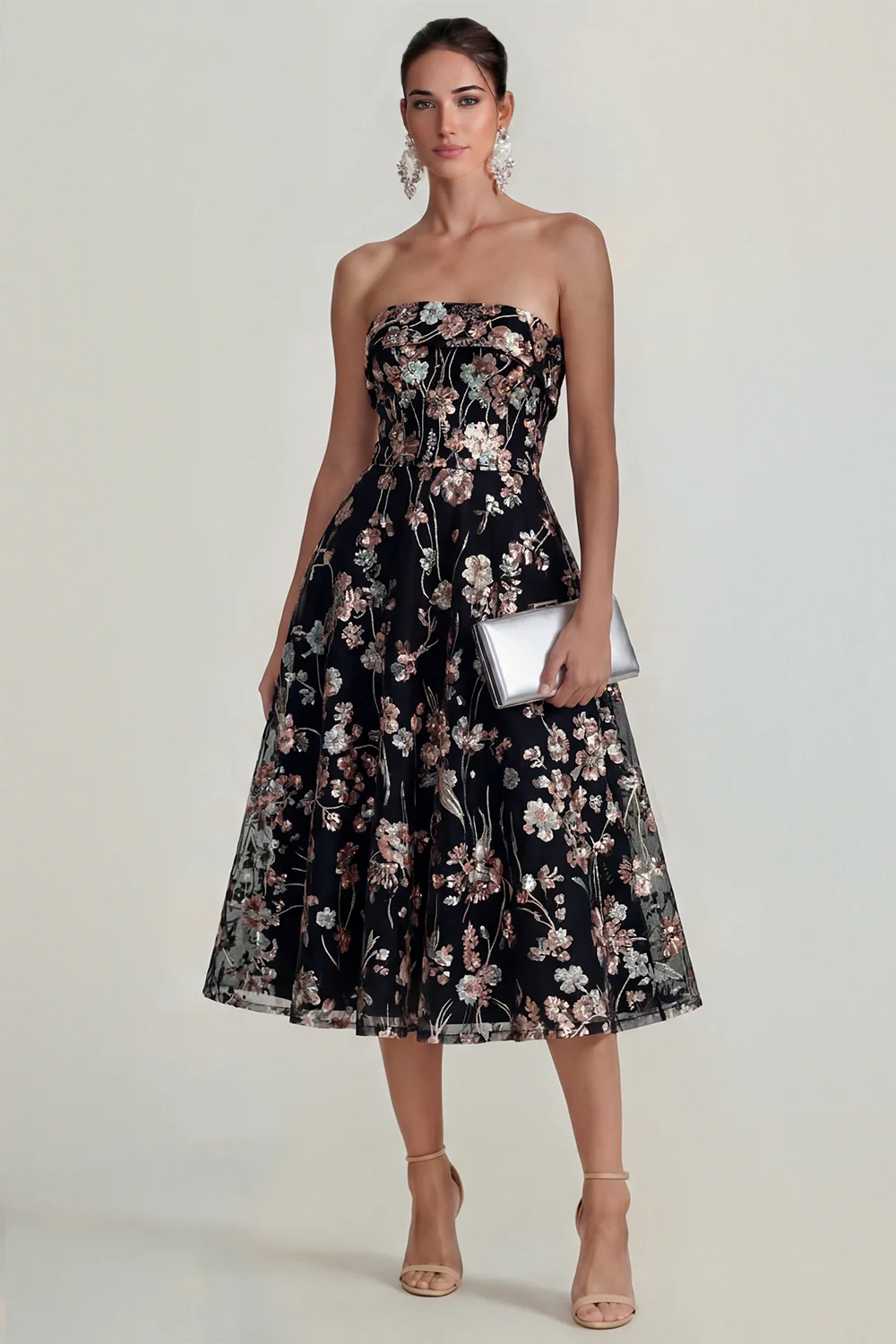 Strapless Pink Flower A Line Midi Dress - Image 8