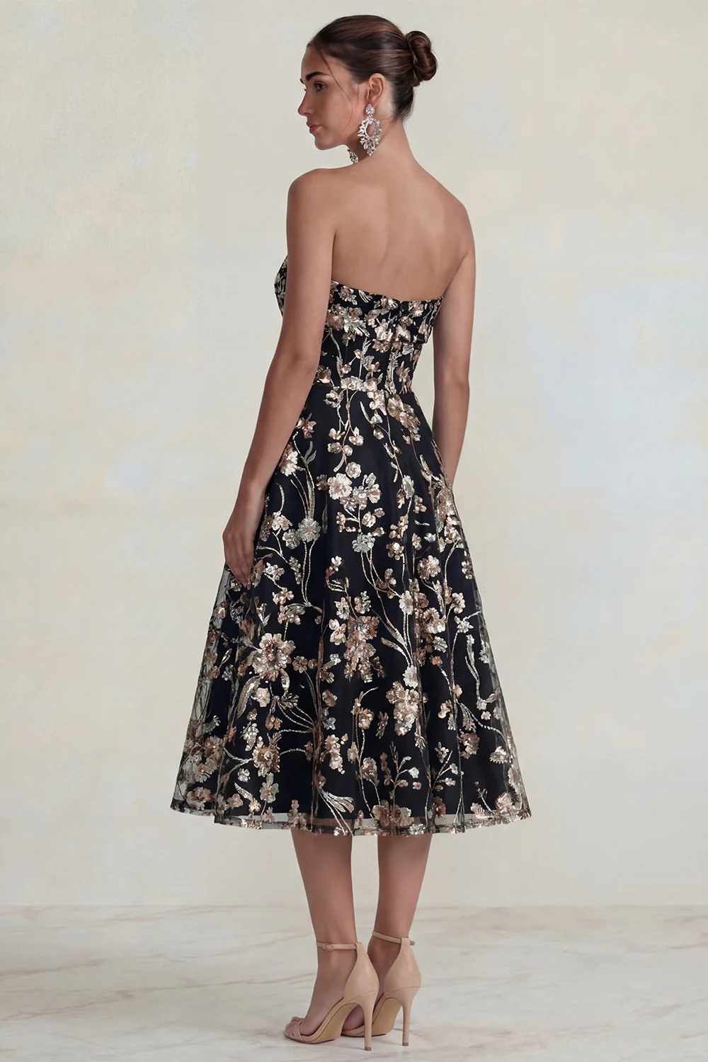 Strapless Pink Flower A Line Midi Dress - Image 9