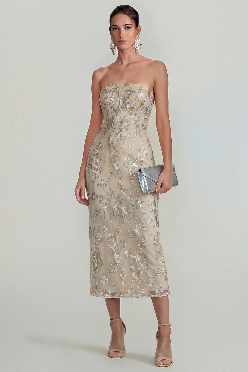 Pink Strapless Sheath Flower Appliqued Midi Dress - Image 10