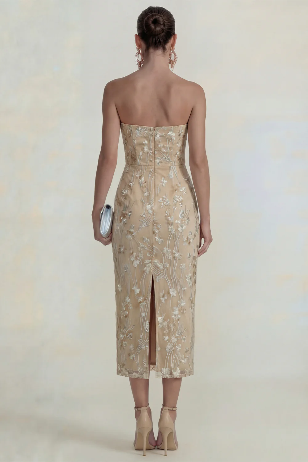 Pink Strapless Sheath Flower Appliqued Midi Dress - Image 11