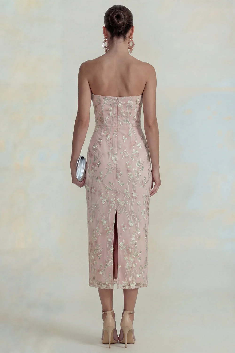 Pink Strapless Sheath Flower Appliqued Midi Dress - Image 2