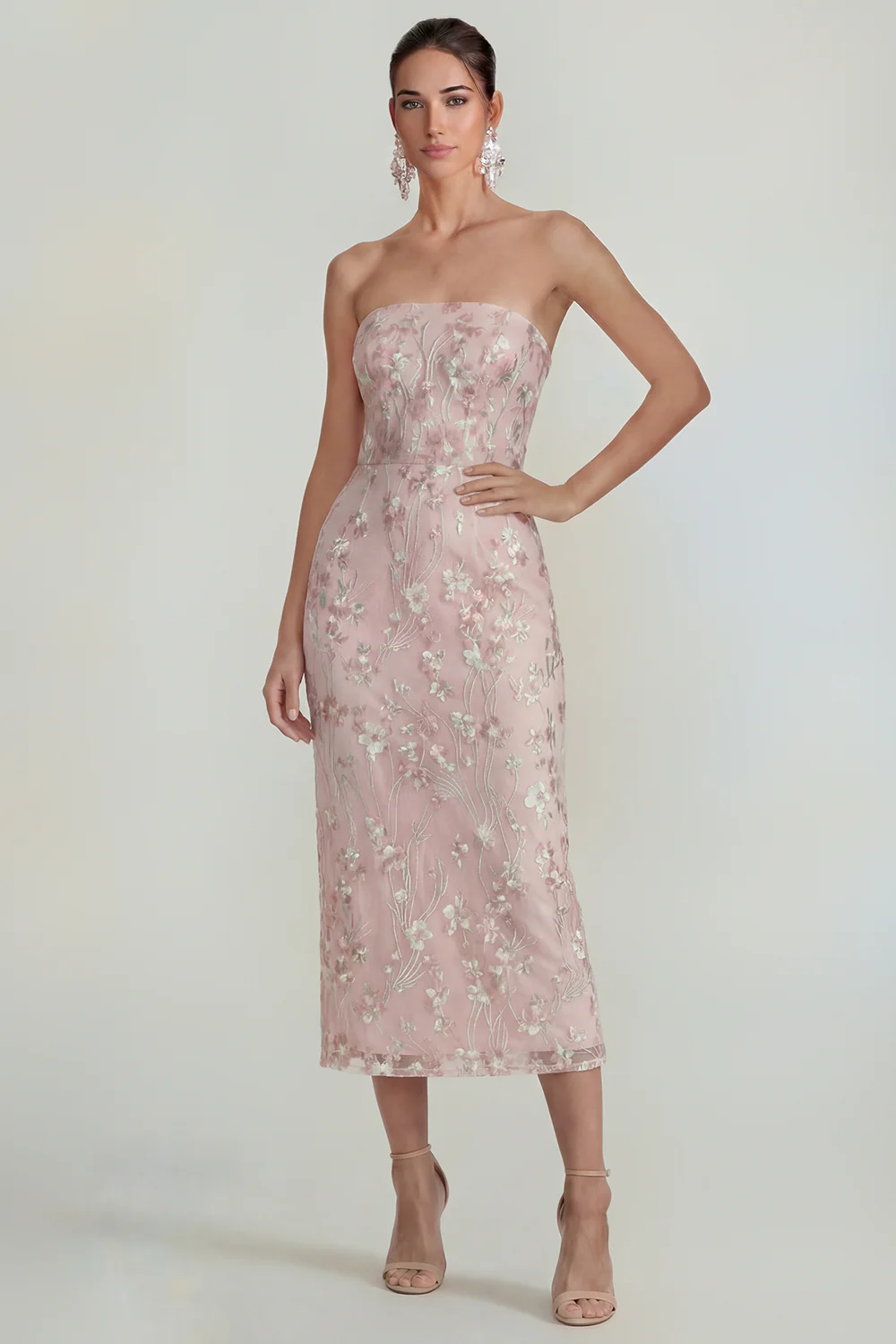 Pink Strapless Sheath Flower Appliqued Midi Dress - Image 3