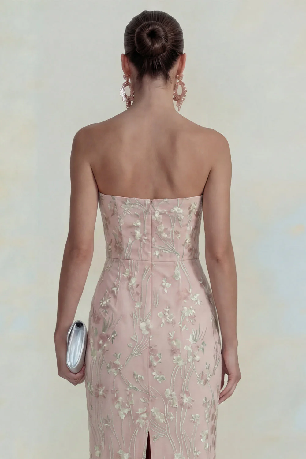 Pink Strapless Sheath Flower Appliqued Midi Dress - Image 5