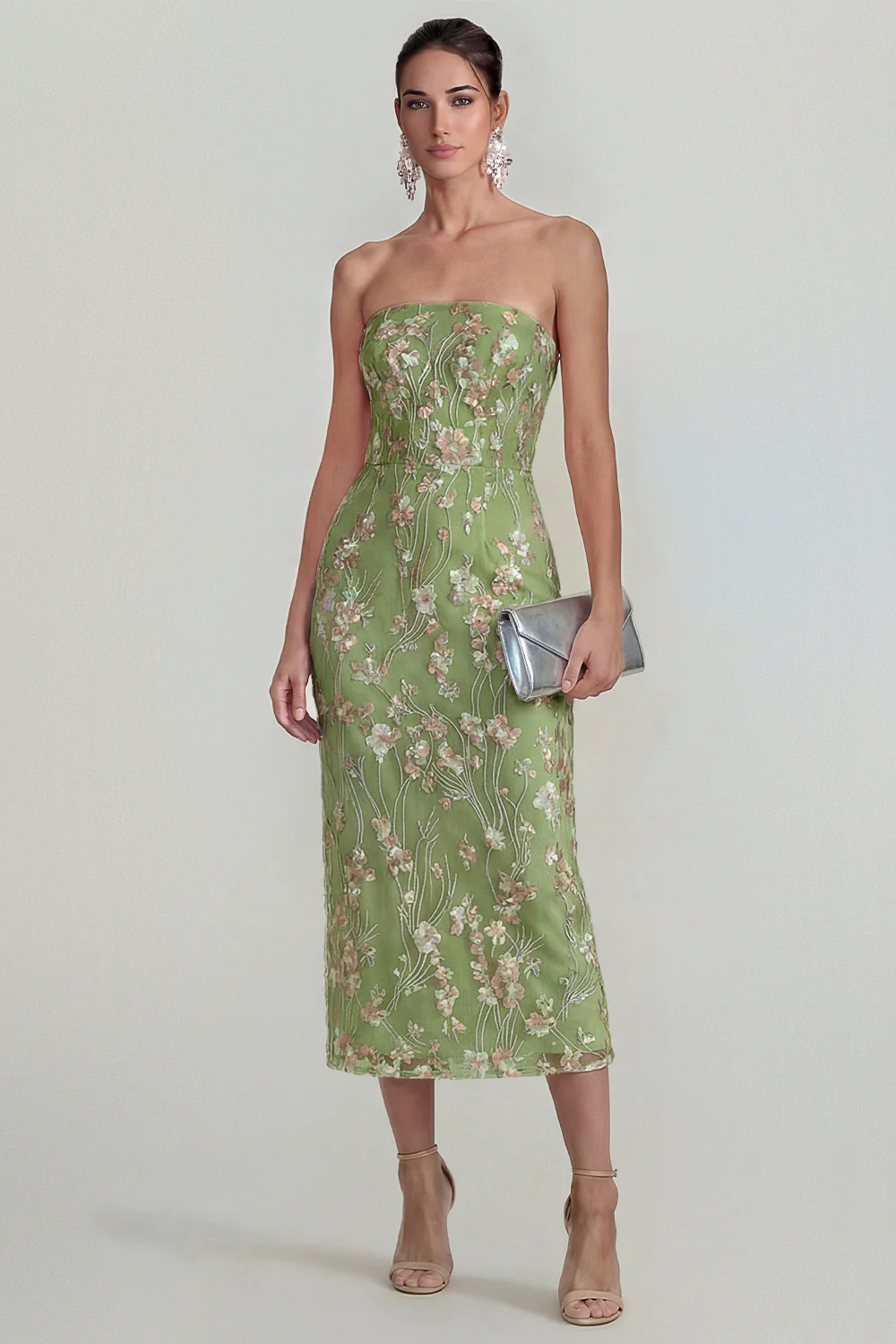 Pink Strapless Sheath Flower Appliqued Midi Dress - Image 6