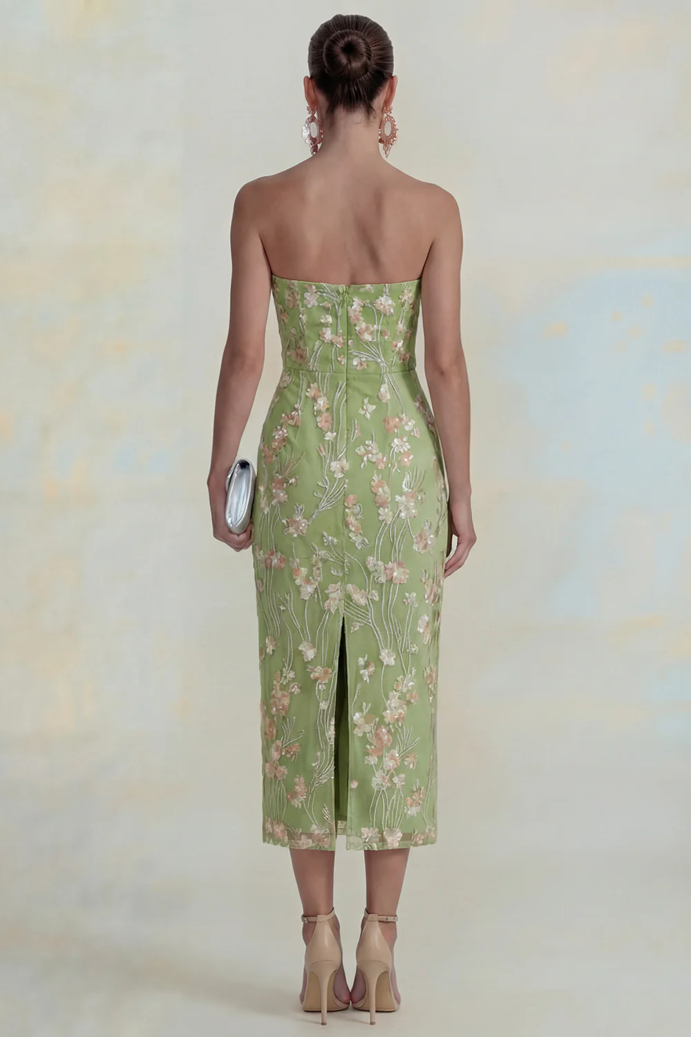 Pink Strapless Sheath Flower Appliqued Midi Dress - Image 7