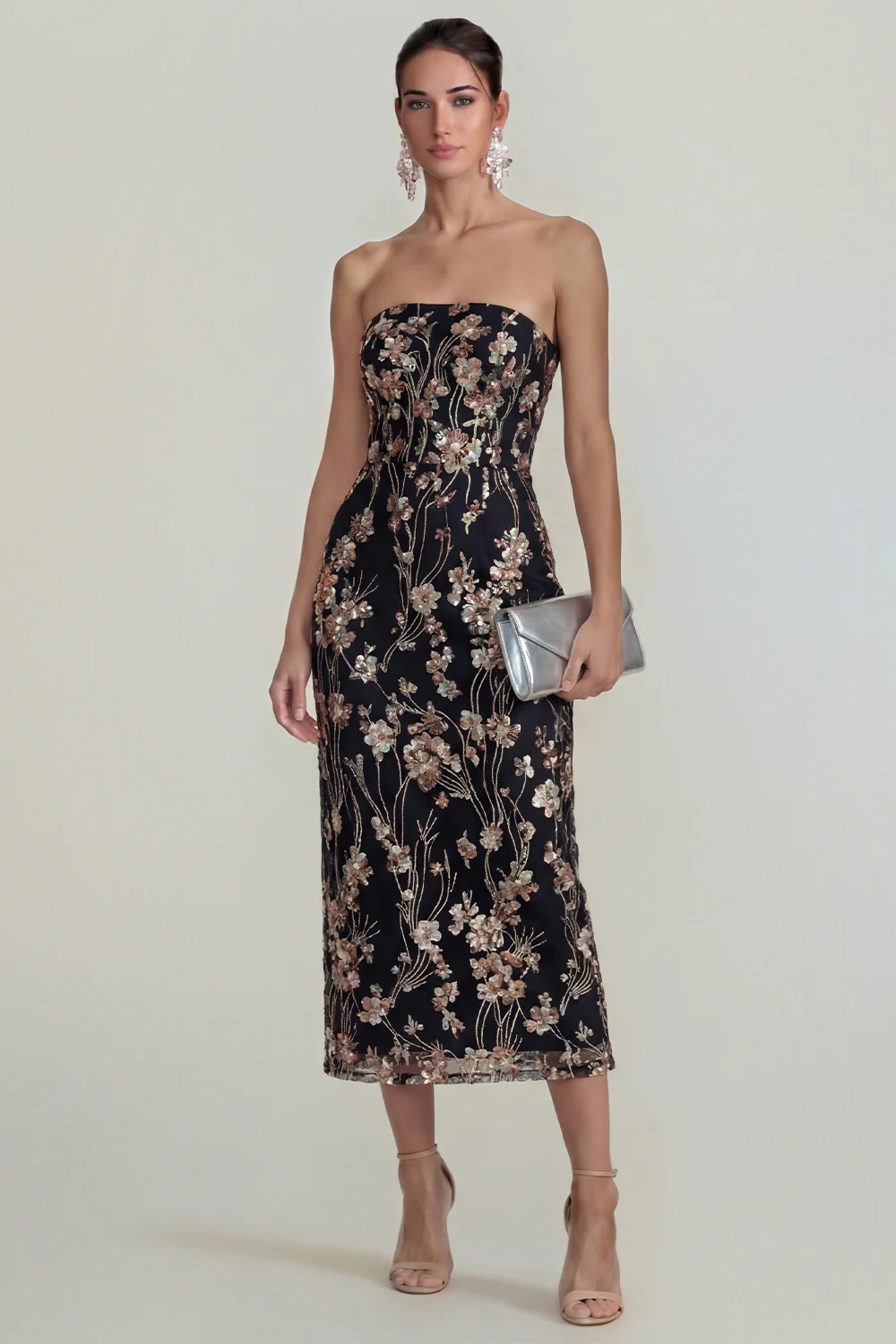 Pink Strapless Sheath Flower Appliqued Midi Dress - Image 8