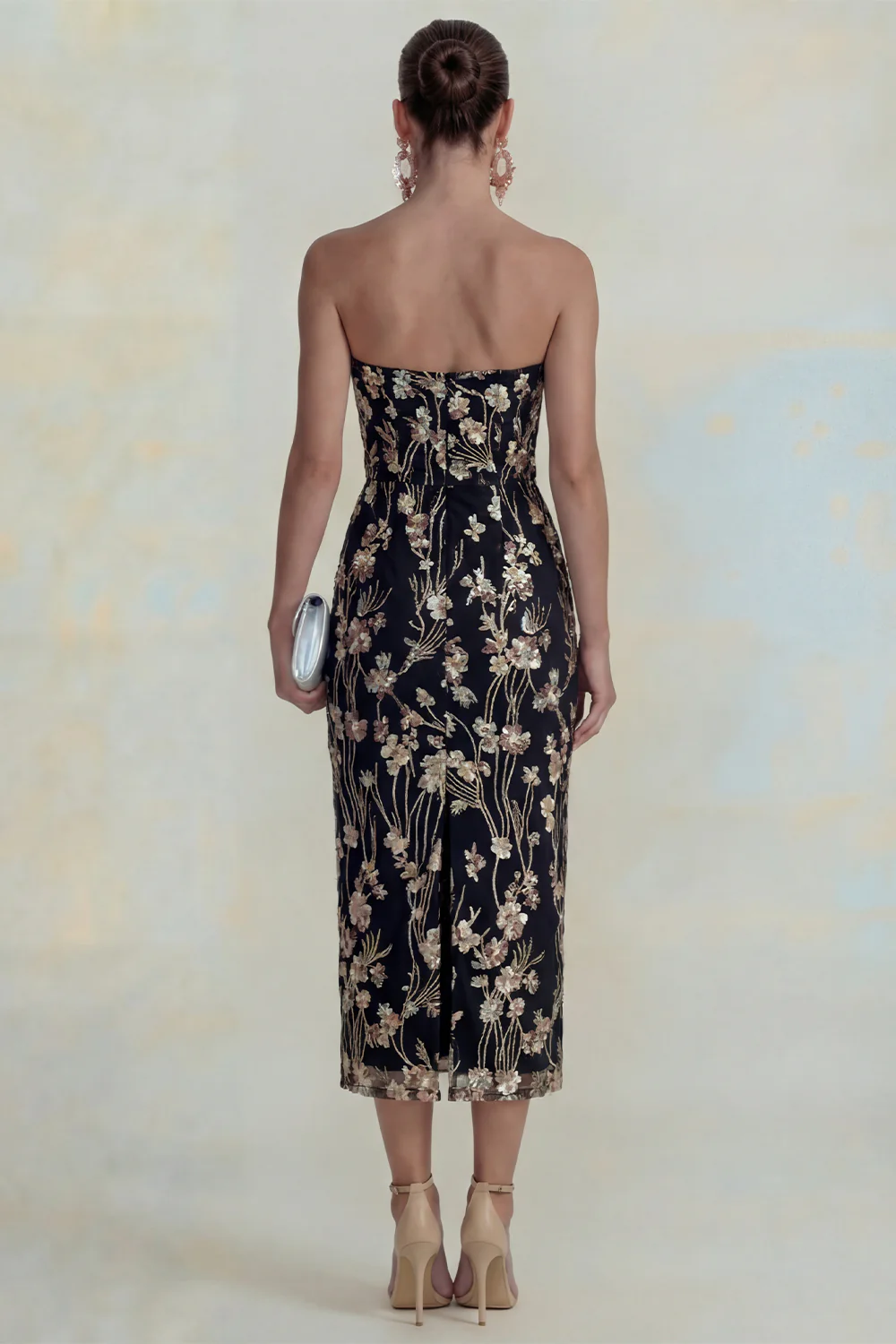 Pink Strapless Sheath Flower Appliqued Midi Dress - Image 9