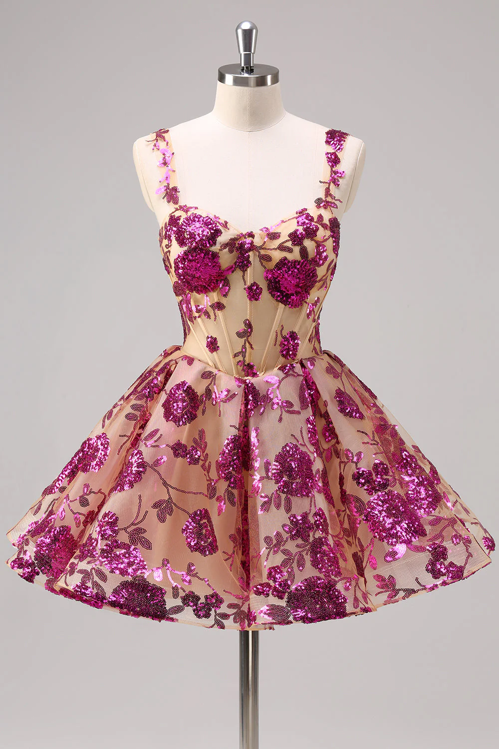 Sparkly White A-Line Floral Corset Short Graduation Dress - Image 8