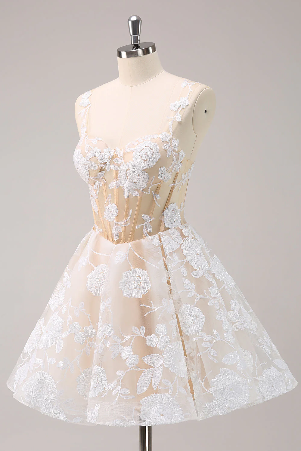 Sparkly White A-Line Floral Corset Short Graduation Dress - Image 3