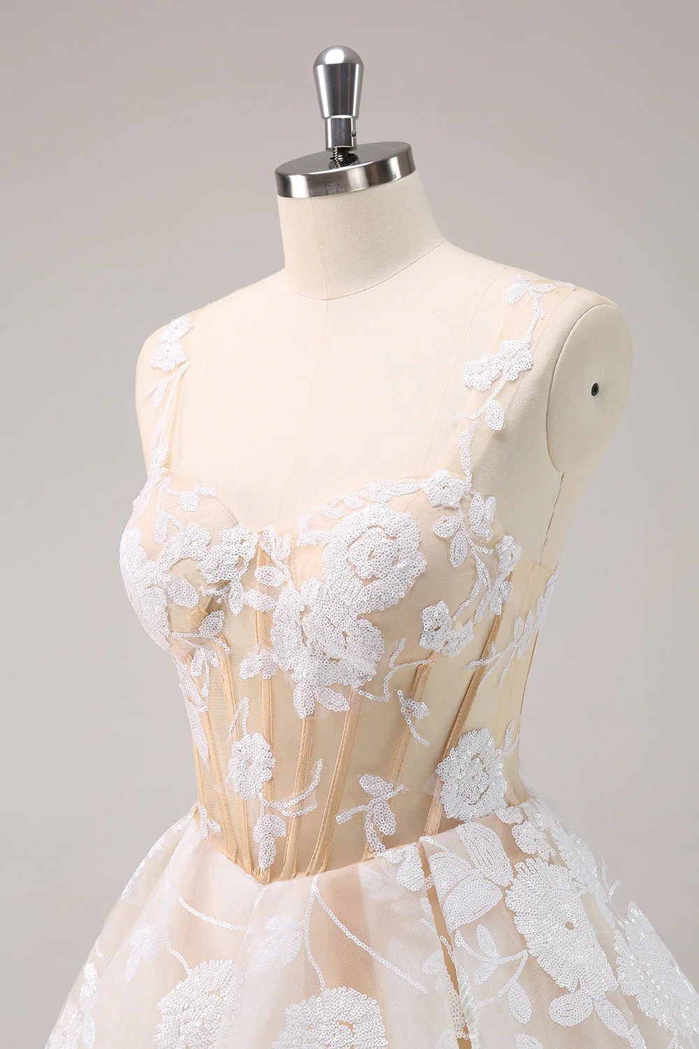 Sparkly White A-Line Floral Corset Short Graduation Dress - Image 6