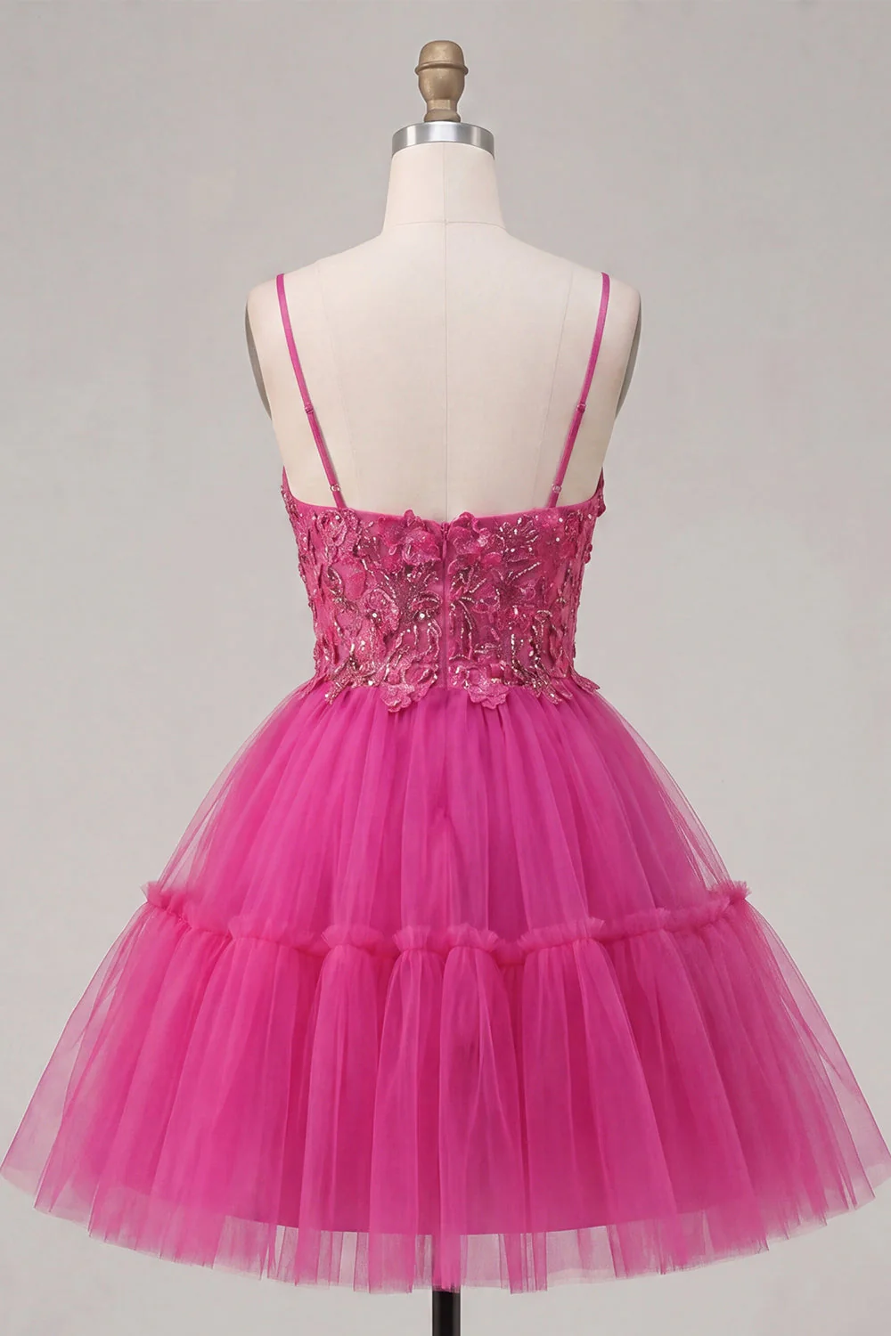 Fuchsia A Line Spaghetti Straps Short Cocktail Dress with 3D Flowers - Image 2