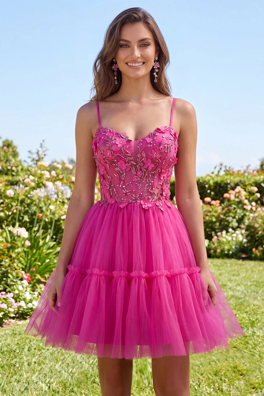 Fuchsia A Line Spaghetti Straps Short Cocktail Dress with 3D Flowers - Image 3