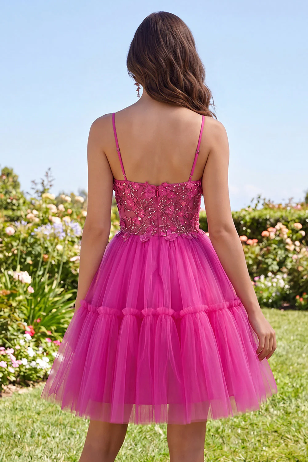 Fuchsia A Line Spaghetti Straps Short Cocktail Dress with 3D Flowers - Image 4