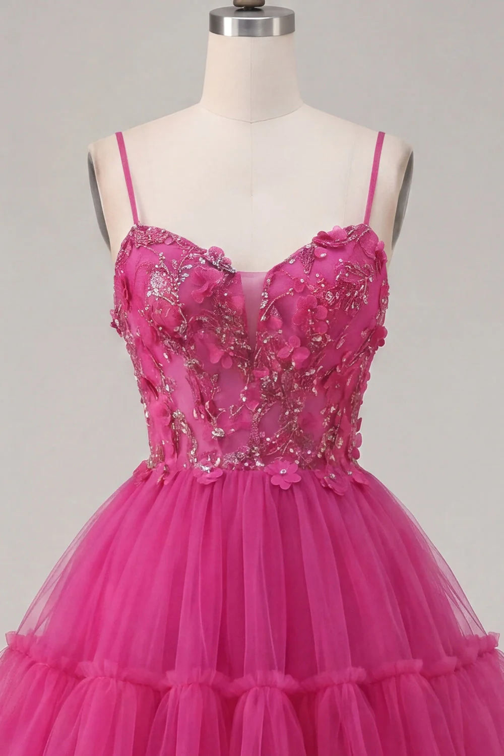 Fuchsia A Line Spaghetti Straps Short Cocktail Dress with 3D Flowers - Image 5