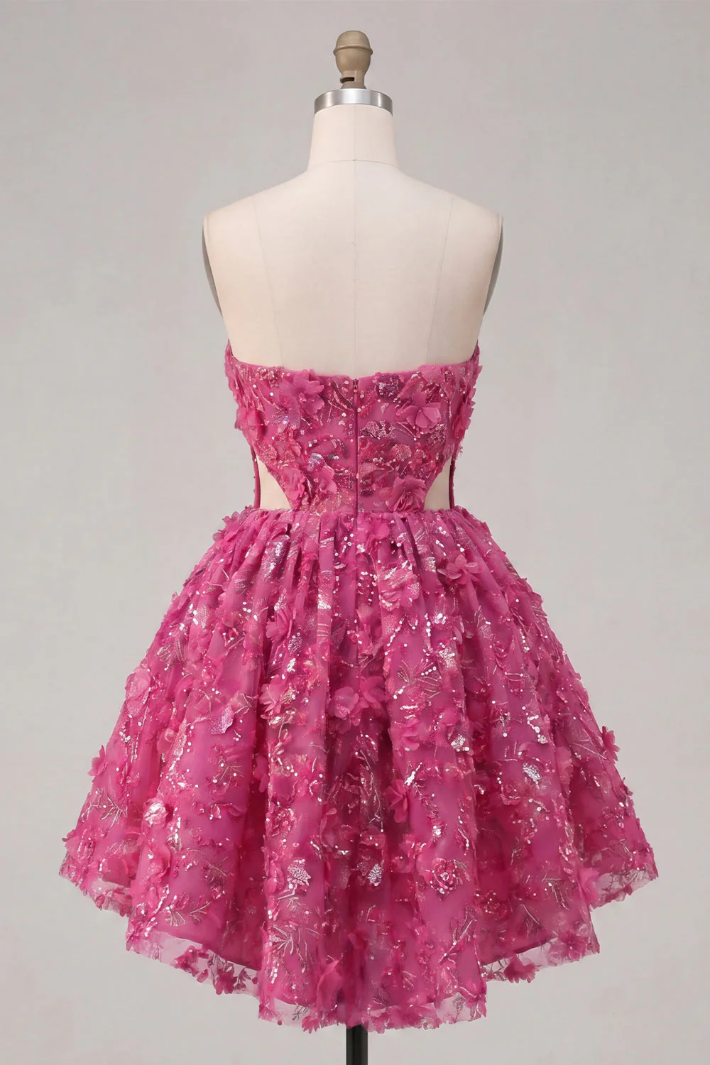 Fuchsia Strapless A Line Cut Out Beaded 3D Flowers Cocktail Dress with Sequins - Image 2