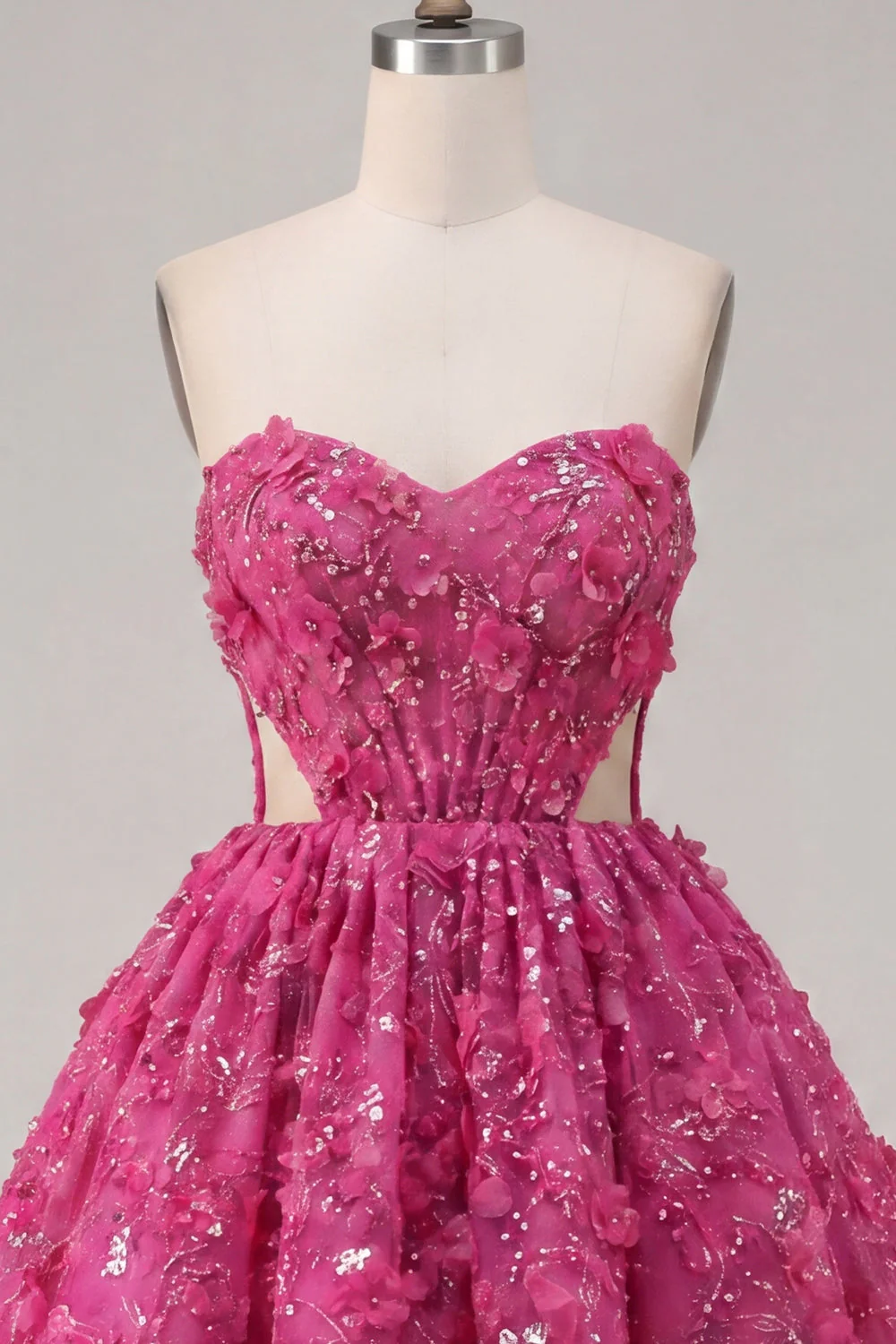 Fuchsia Strapless A Line Cut Out Beaded 3D Flowers Cocktail Dress with Sequins - Image 5
