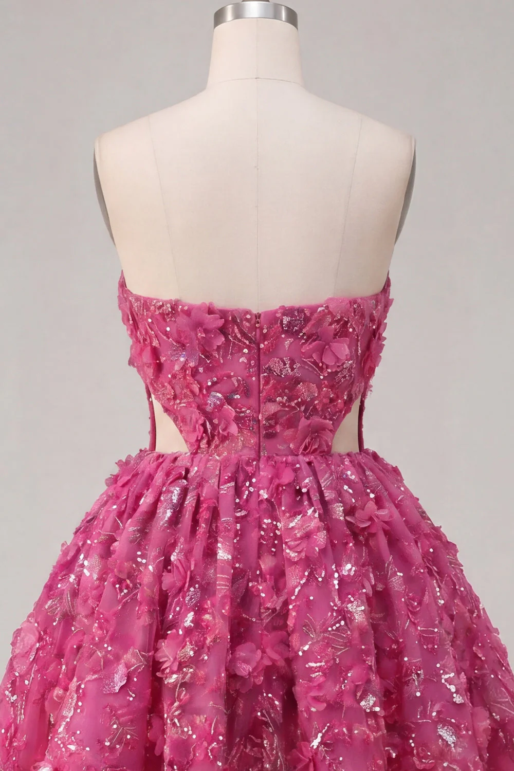 Fuchsia Strapless A Line Cut Out Beaded 3D Flowers Cocktail Dress with Sequins - Image 6